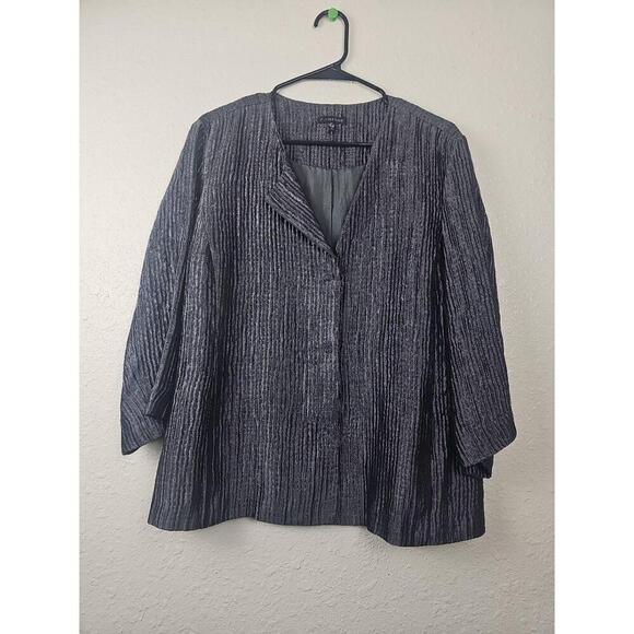 Eileen Fisher XL Gray Silk Snap Button Blazer Jacket Textured Long Sleeves